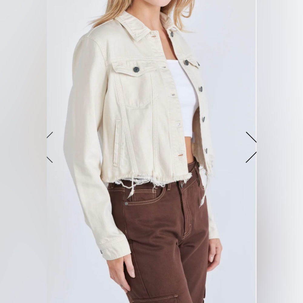 HIDDEN JEANS Rebel Fray Hem Denim Trucker Jacket in Cream, Sz L - Picture 4 of 16